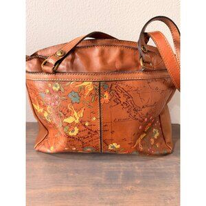 Patricia Nash Brown Leather Tote Shoulder Bag Purse Floral Map Birds